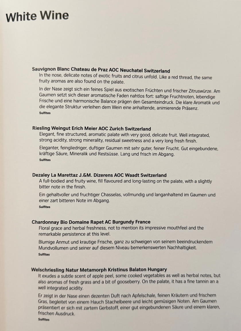Second page of the SWISS First Lounge Zurich drink list