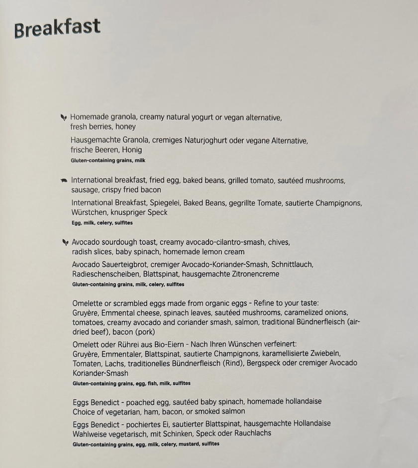 Second page of the SWISS First Lounge Zurich breakfast menu