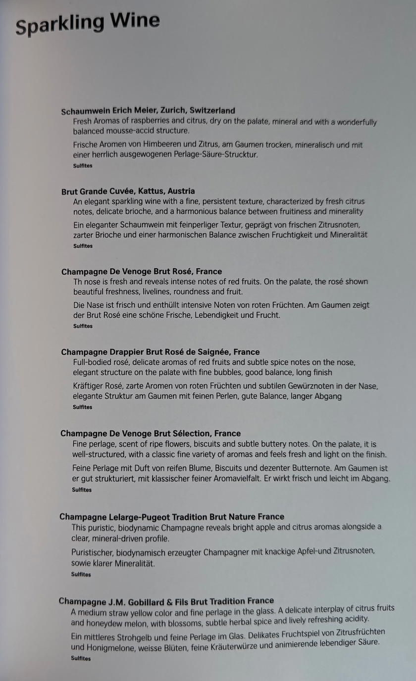 Fifth page of the SWISS First Lounge Zurich drink list