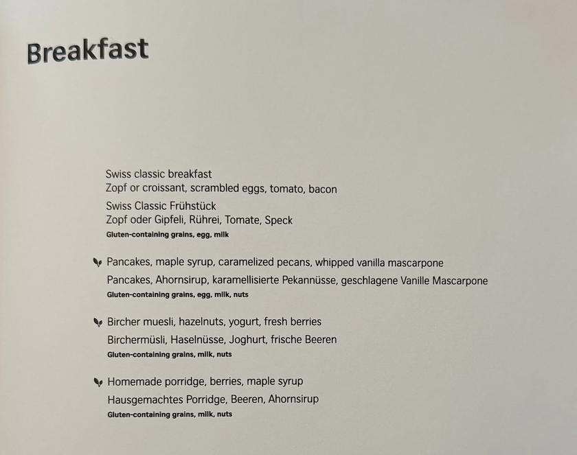 Third page of the SWISS First Lounge Zurich breakfast menu