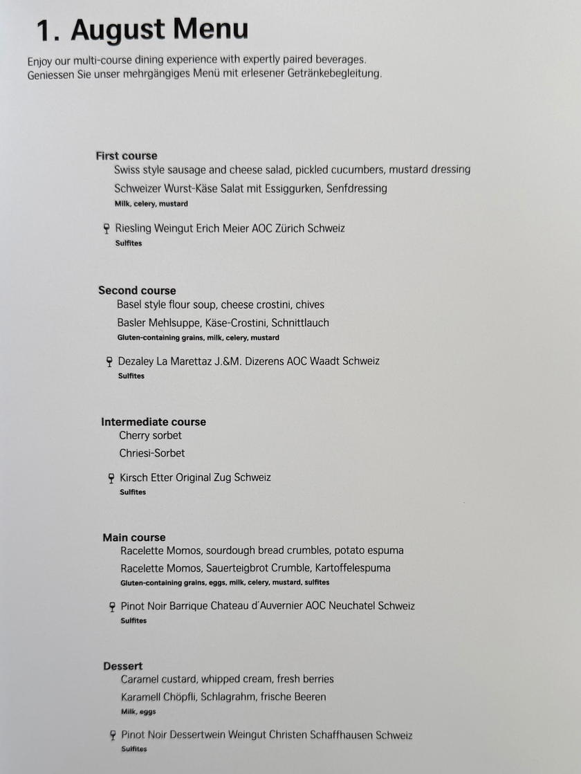 First page of the SWISS First Lounge Zurich lunch and dinner menu