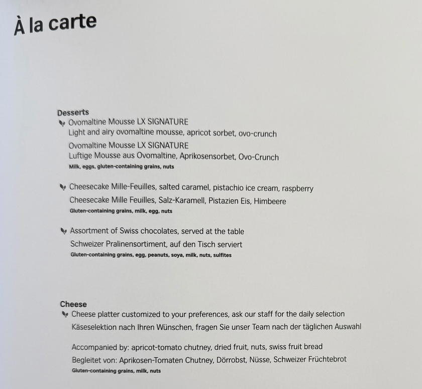 Fifth page of the SWISS First Lounge Zurich lunch and dinner menu