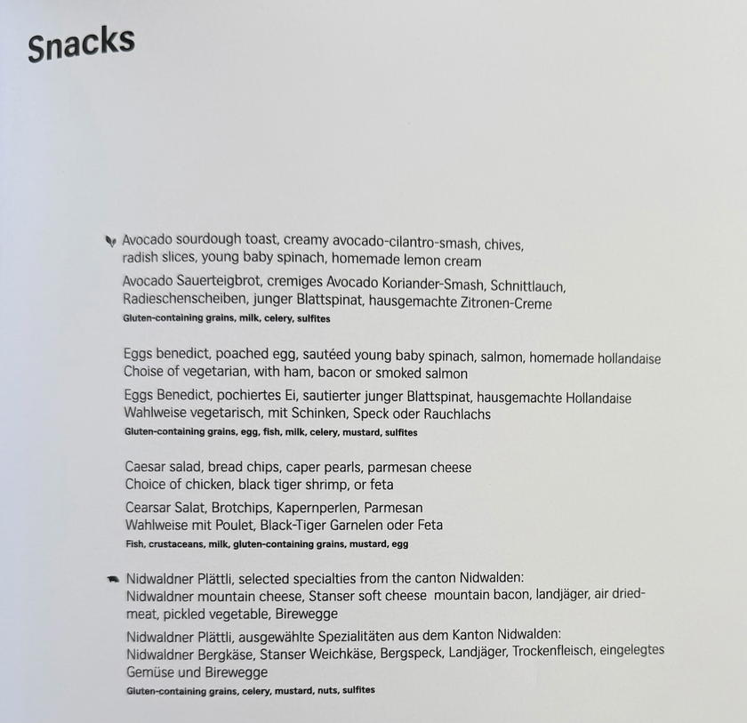 Sixth page of the SWISS First Lounge Zurich lunch and dinner menu