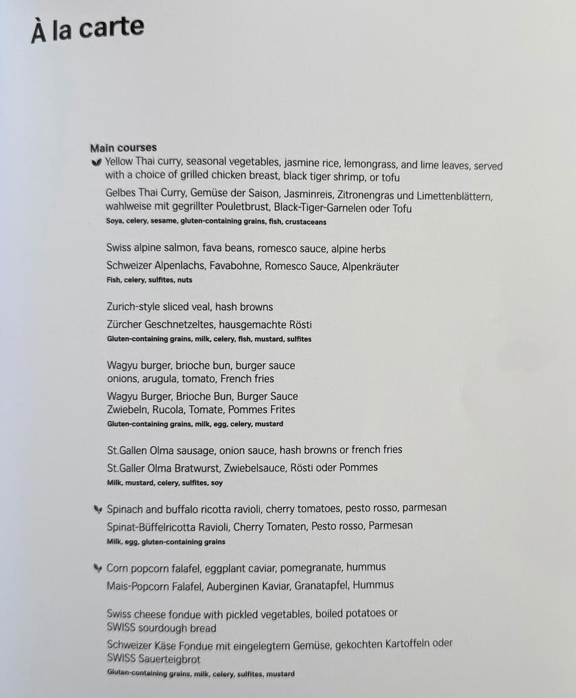 Fourth page of the SWISS First Lounge Zurich lunch and dinner menu