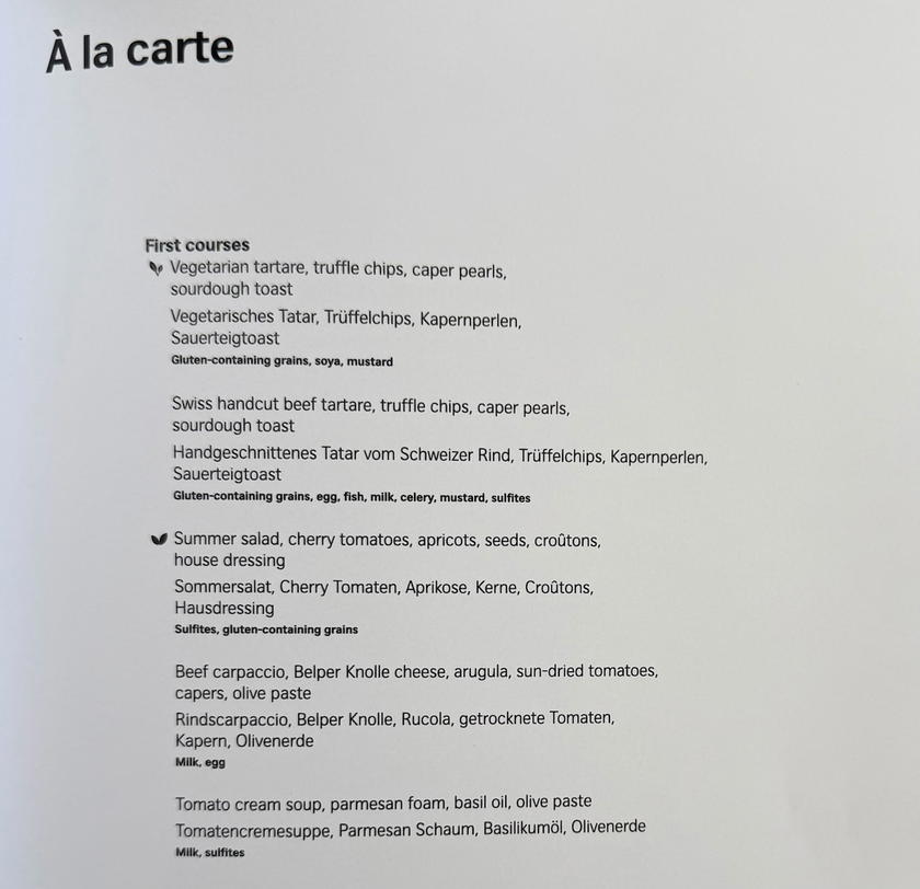 Third page of the SWISS First Lounge Zurich lunch and dinner menu