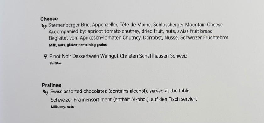 Second page of the SWISS First Lounge Zurich lunch and dinner menu