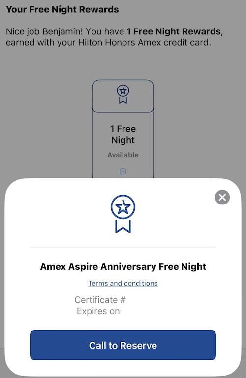 Screenshot of free night awards shown in the Hilton Honors mobile app