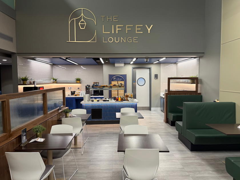 Seating area inside The Liffey Lounge at Dublin Airport