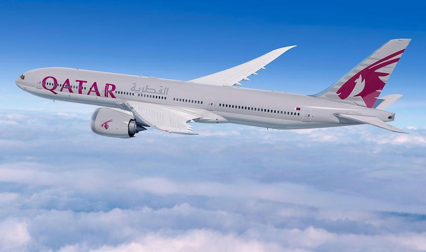 Rendering of a Qatar Airways Boeing 777X in flight
