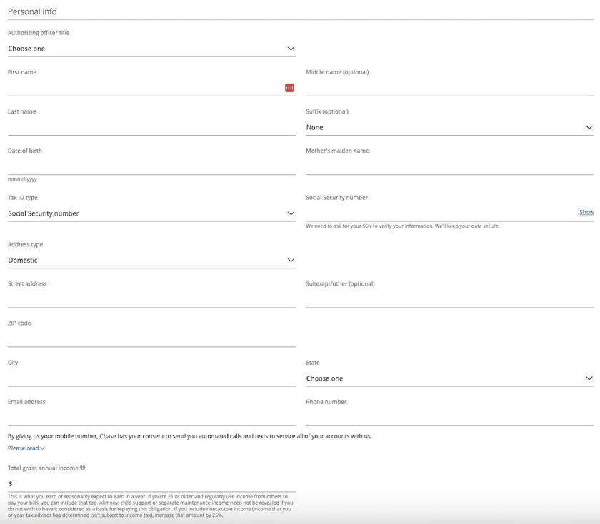 Screenshot of the personal information section of the Chase Ink Business Preferred application