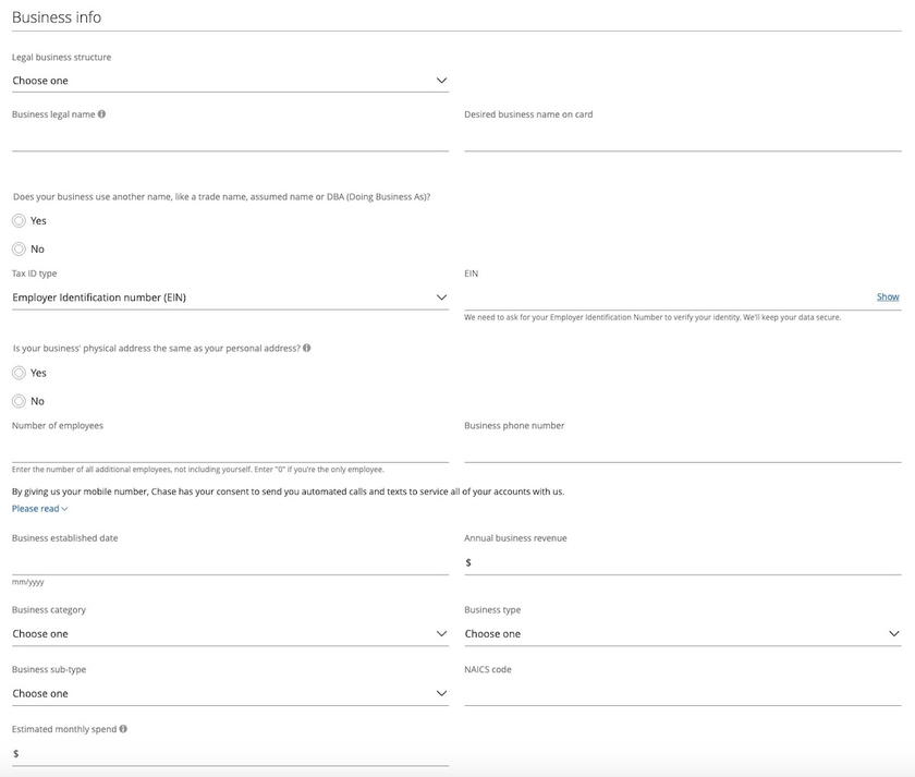 Screenshot of the business information section of the Chase Ink Business Preferred application