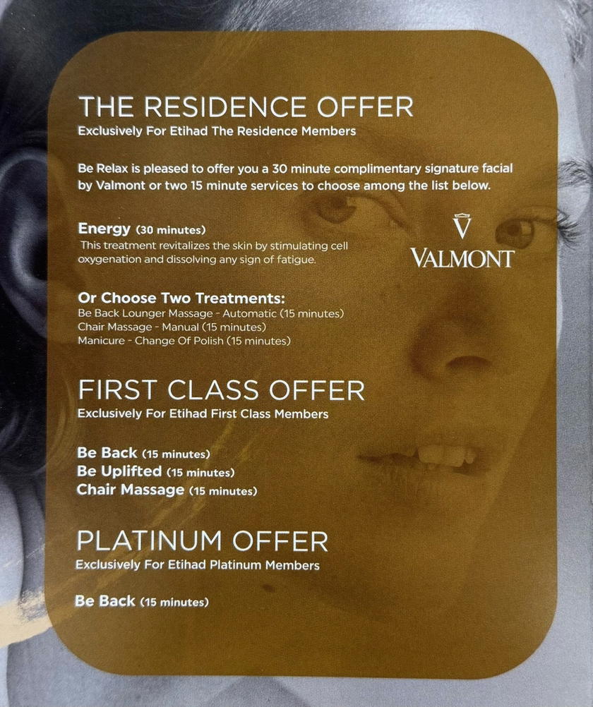 Spa treatment menu at the Etihad Lounge in Abu Dhabi