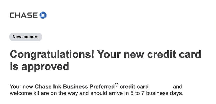 Screenshot of the instant approval message for the Chase Ink Business Preferred application