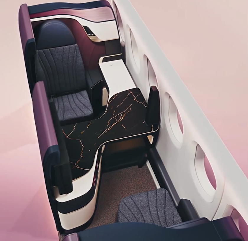 Rendering of a Qsuite Next Gen double suite by the window, with two seats one behind the other