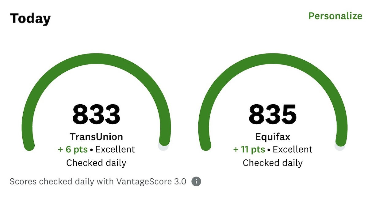 Credit Karma account page with green half-circle credit score gauges at the top, which you click to see credit factors