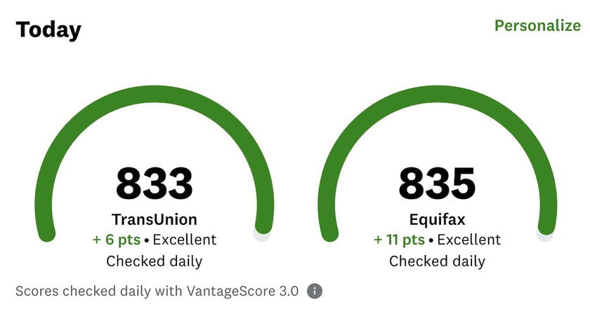 Credit Karma account page with green half-circle credit score gauges at the top, which you click to see credit factors