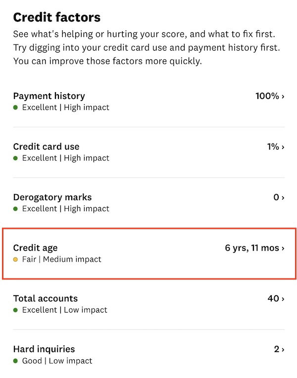 Credit Karma page listing credit factors, with the Credit age section highlighted to click