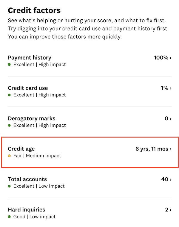 Credit Karma page listing credit factors, with the Credit age section highlighted to click