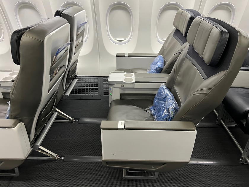 Seats in the first class cabin of an Alaska Airlines Boeing 737 MAX