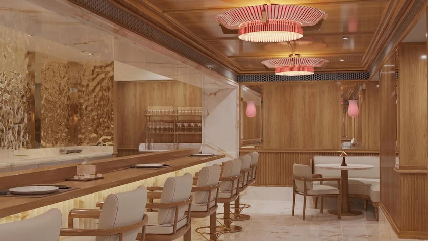 Rendering of the Miuna omakase restaurant aboard Four Seasons Yachts
