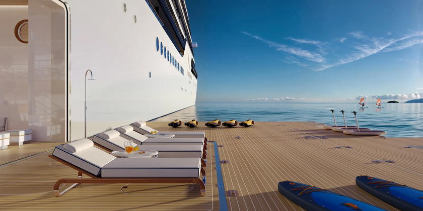 Rendering of the onboard transverse marina on Four Seasons Yachts with water toys and lounging decks