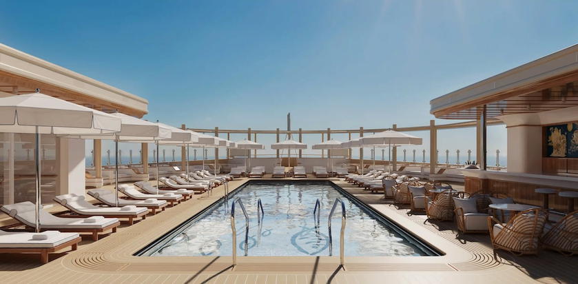 Rendering of the large saltwater pool on the aft deck of Four Seasons Yachts