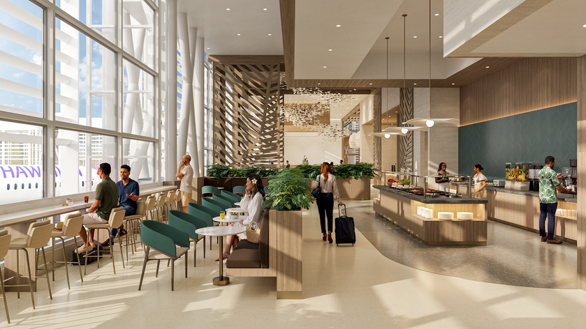Rendering of the new Hawaiian Airlines lounge in Honolulu showing seating area with island-inspired decor