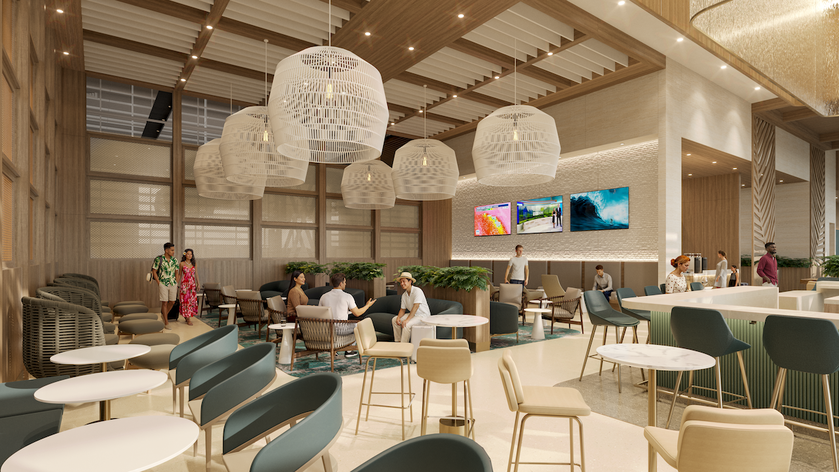 Rendering of the new Hawaiian Airlines lounge in Honolulu showing bar and dining area design