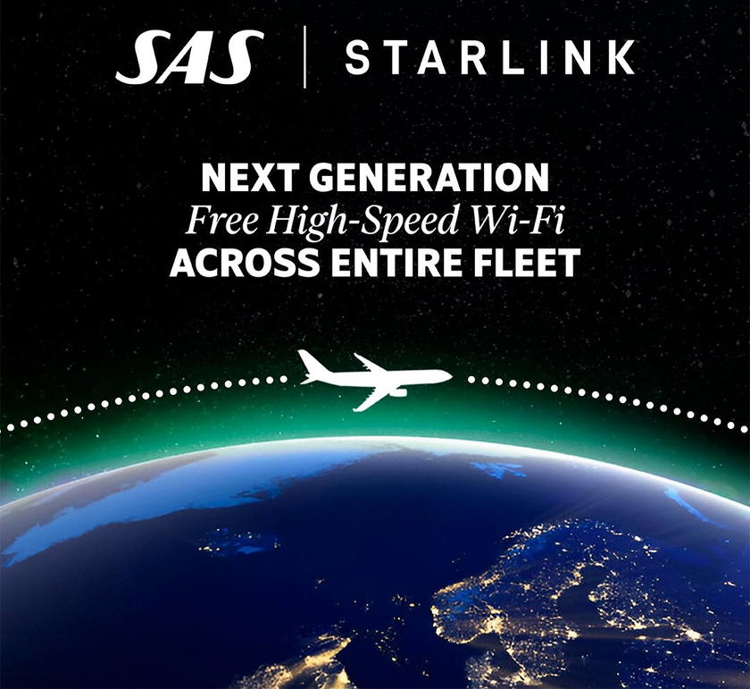 SAS Airbus A320neo aircraft on the tarmac, now equipped with free Starlink Wi-Fi