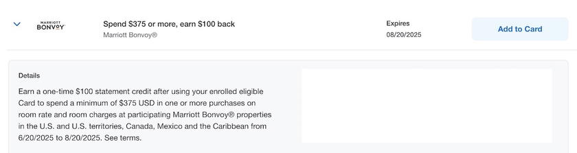 Screenshot of Marriott Bonvoy Amex Offers deals for 2025