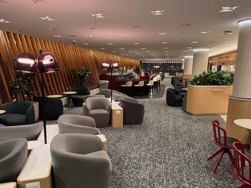 Seating area inside the Capital One Lounge at Washington Dulles Airport