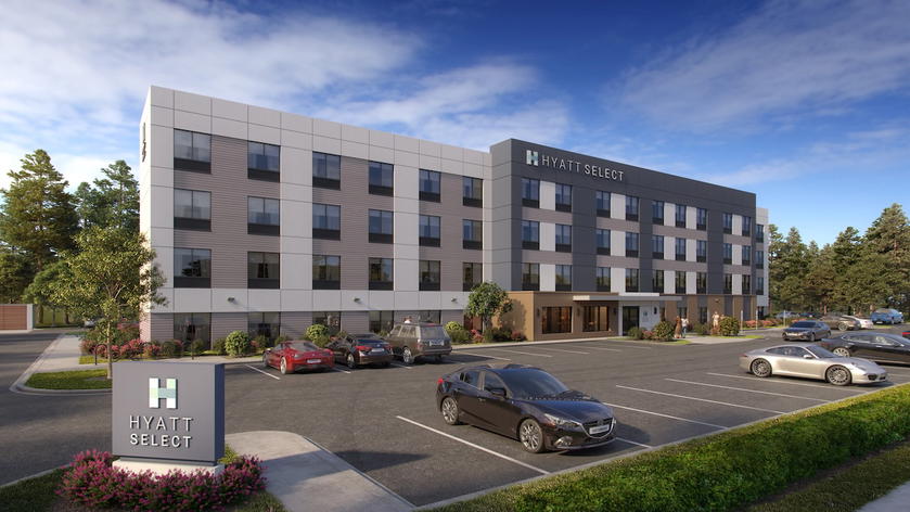 Rendering of a Hyatt Select hotel, a basic limited-service property with a Hyatt Select sign on the building exterior