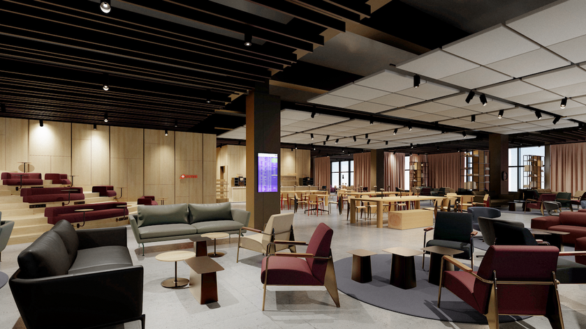 Rendering of the new SWISS Business Lounge at Zurich Airport with seating areas and large windows