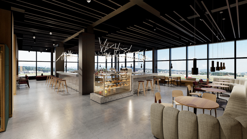 Rendering of the new SWISS Senator Lounge at Zurich Airport with seating areas and apron views