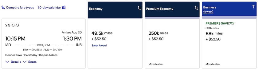 United MileagePlus award booking example showing a one-way partner award priced in miles