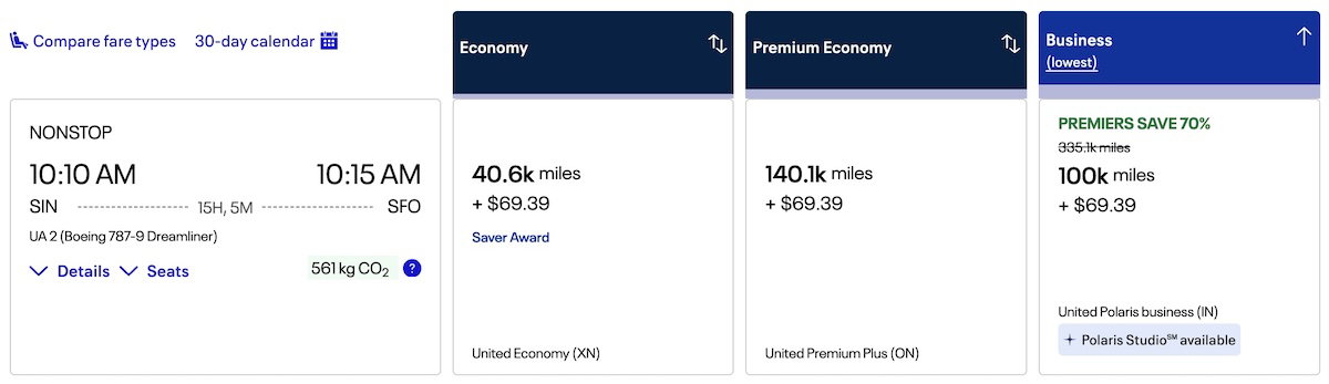 Chart showing how United MileagePlus award pricing varies by elite status and co-branded credit card ownership