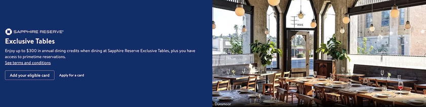 Screenshot of the Chase Sapphire Reserve Exclusive Tables portal showing participating restaurants