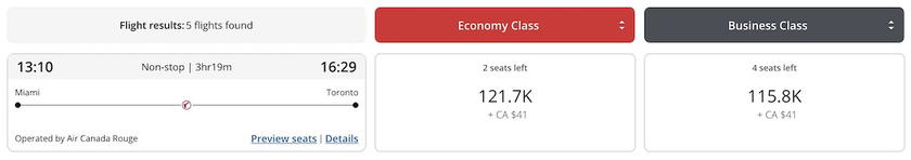 Screenshot of an Air Canada business class award ticket booked with Aeroplan points