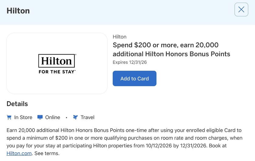Amex Offers promotion screen showing a Hilton Honors bonus points deal