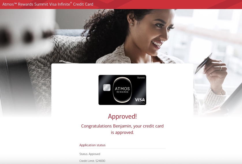 Atmos Rewards Summit Card instant approval confirmation showing the credit line