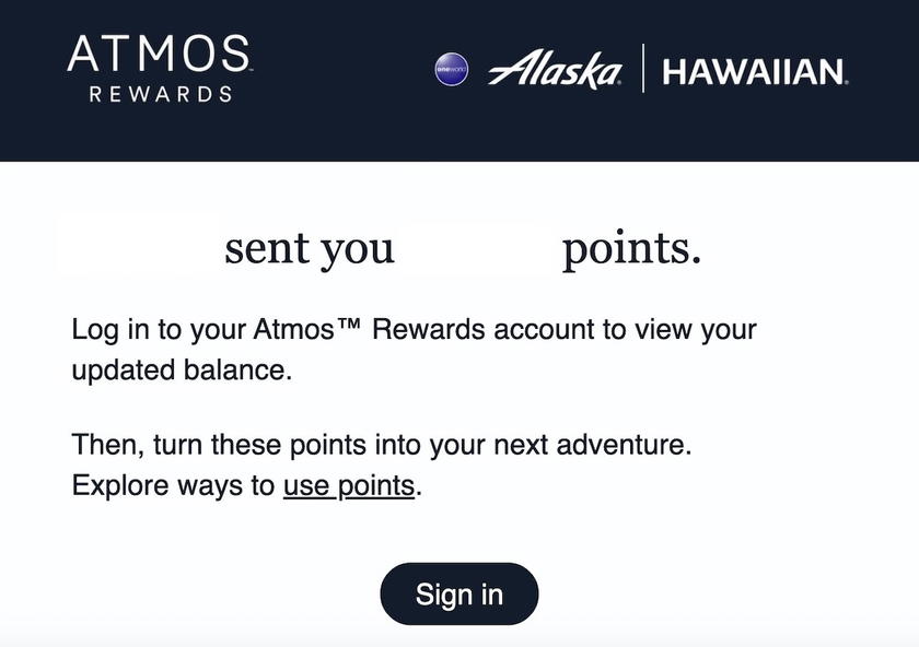Confirmation screen after completing an Atmos Rewards points transfer