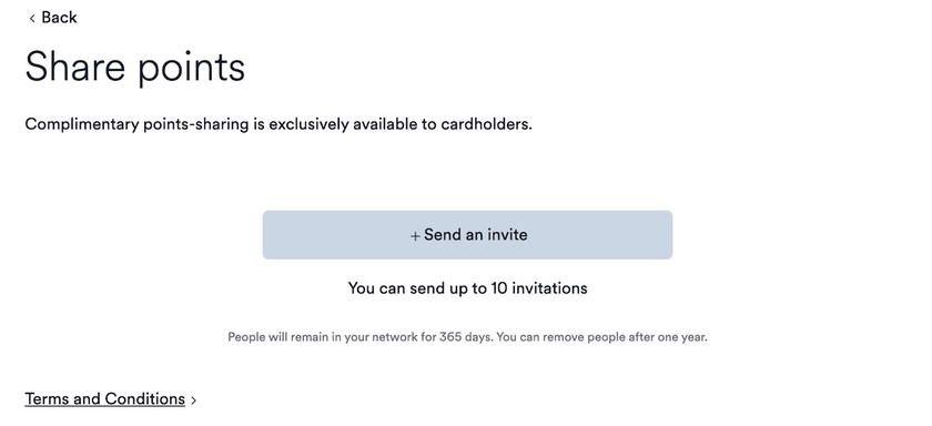 Free points sharing page with the send an invite button