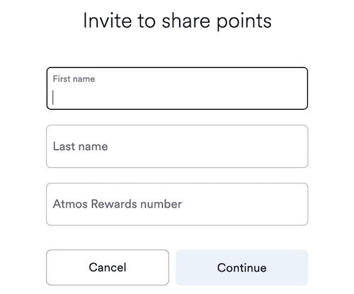 Form to enter a name and Atmos Rewards number to invite someone
