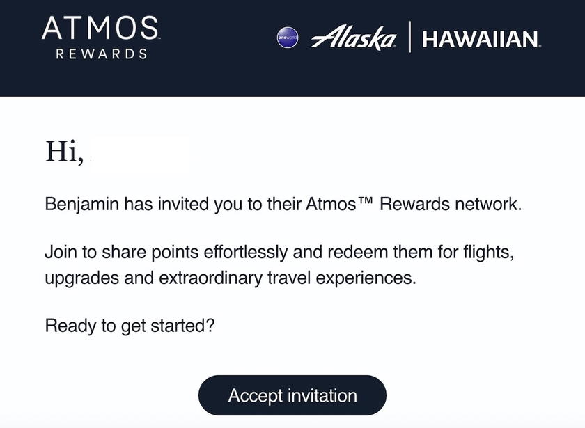 Email invitation to join an Atmos Rewards points sharing network