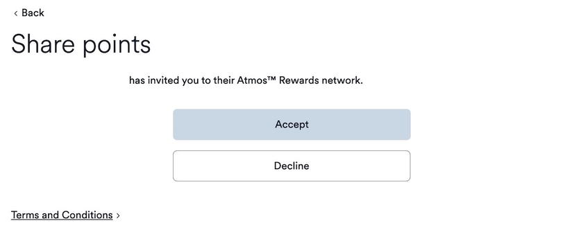 Login prompt to accept an Atmos Rewards points sharing invitation