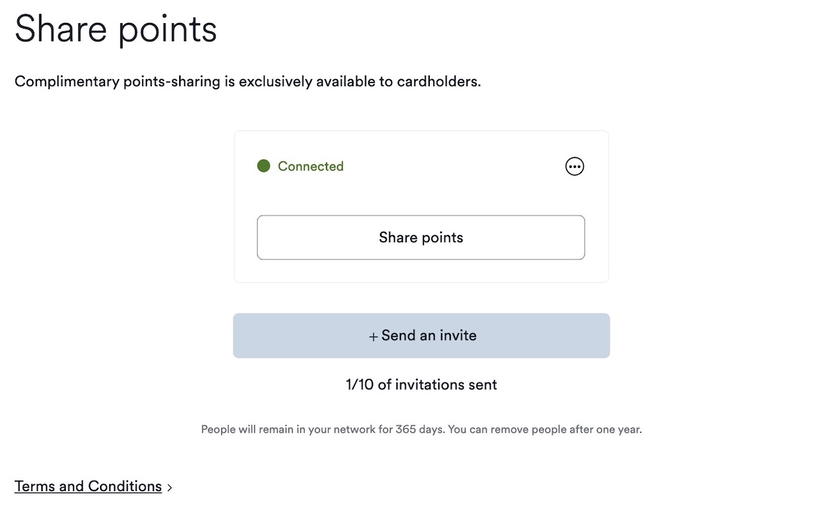 Connected status with green dot showing a linked points sharing account