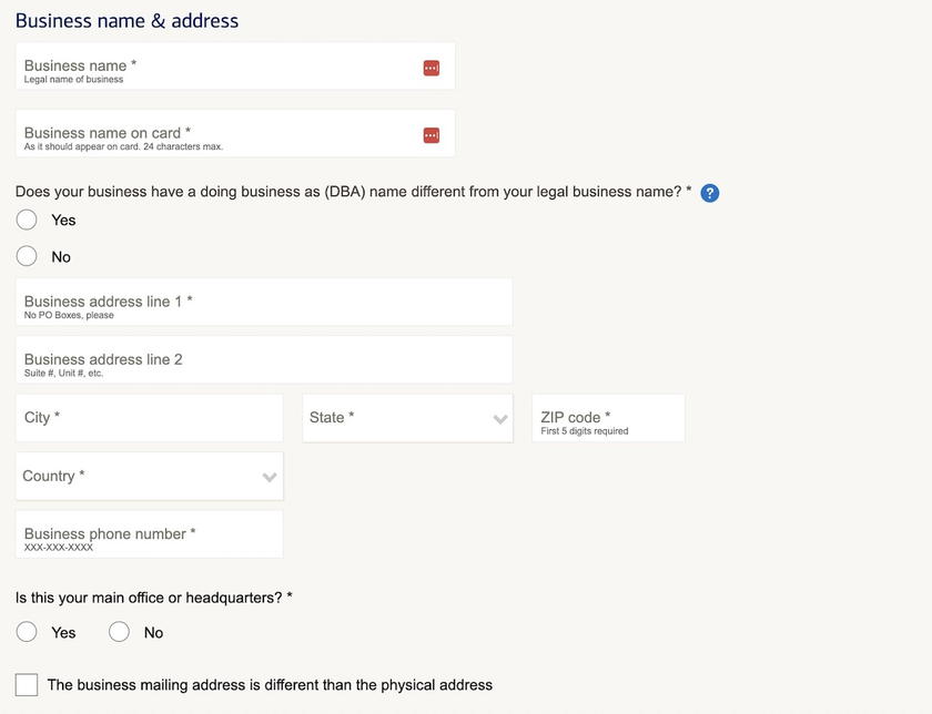 Atmos Rewards Business Card application, first section asking for business name, address and phone number