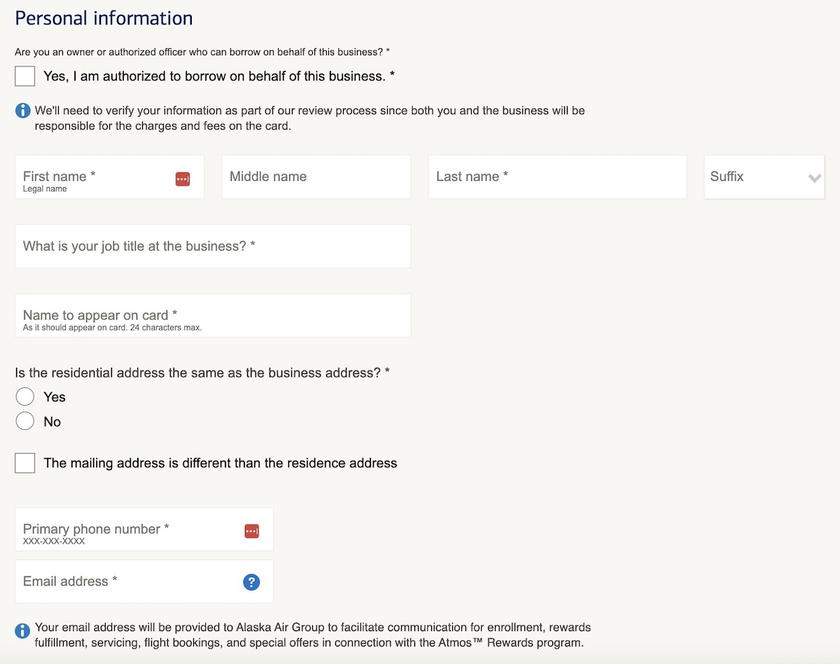 Atmos Rewards Business Card application personal information section with name, phone and email fields