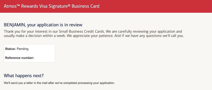 Screen telling the applicant the Atmos Rewards Business Card application is in review