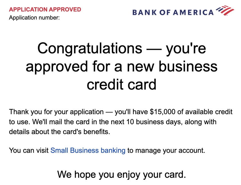 Email confirming approval for the Atmos Rewards Business Card